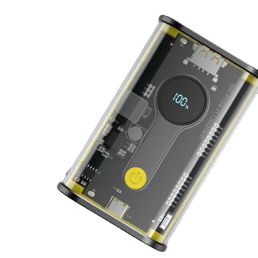 Transparent industrial power bank showing internal components with 10000mAh capacity and multi-U ports
