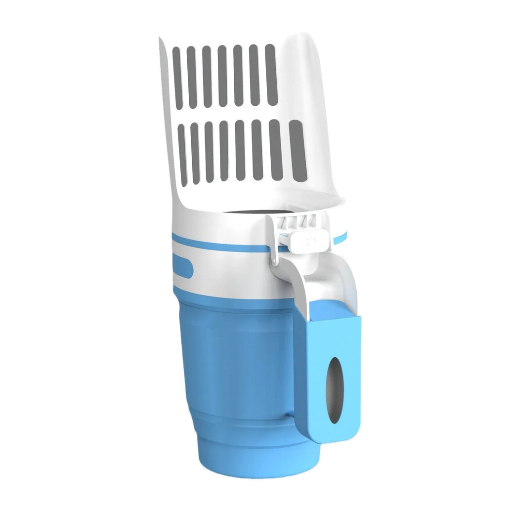 Grey foldable cat litter scoop with integrated waste collection bin and refill bags.