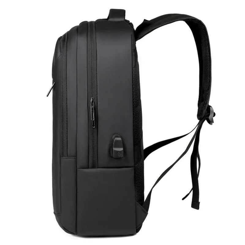 Waterproof laptop backpack in black with USB port and air pillow belt, 20-35L capacity