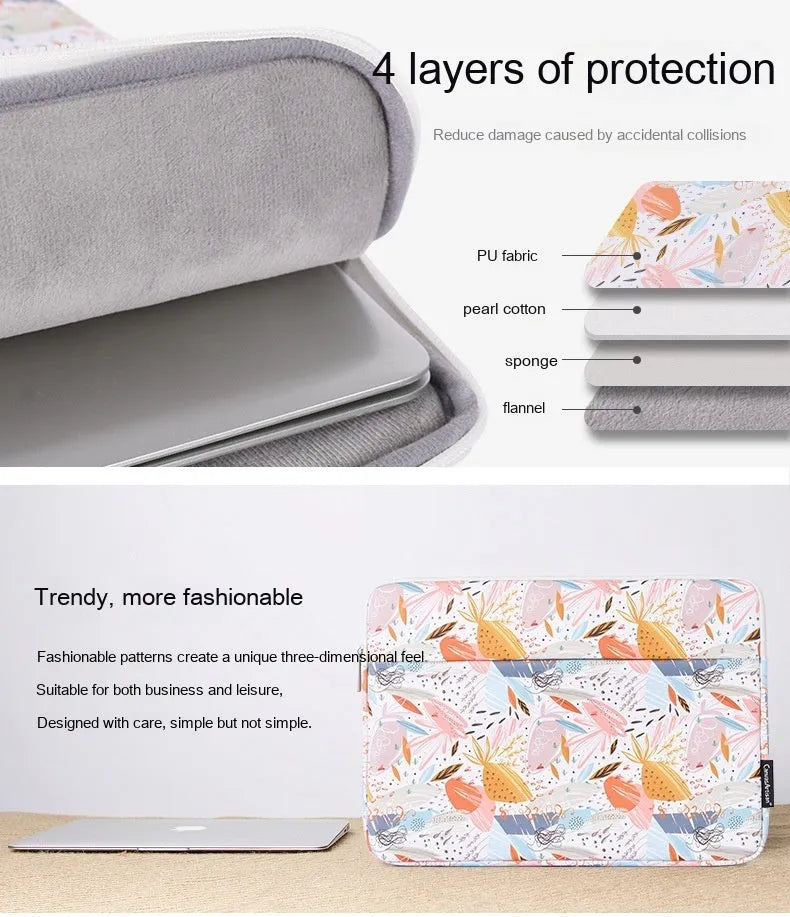 White PU leather laptop inner bag for 14-inch computers, shown with size options for 11, 12, 13, 14, and 15 inches.
