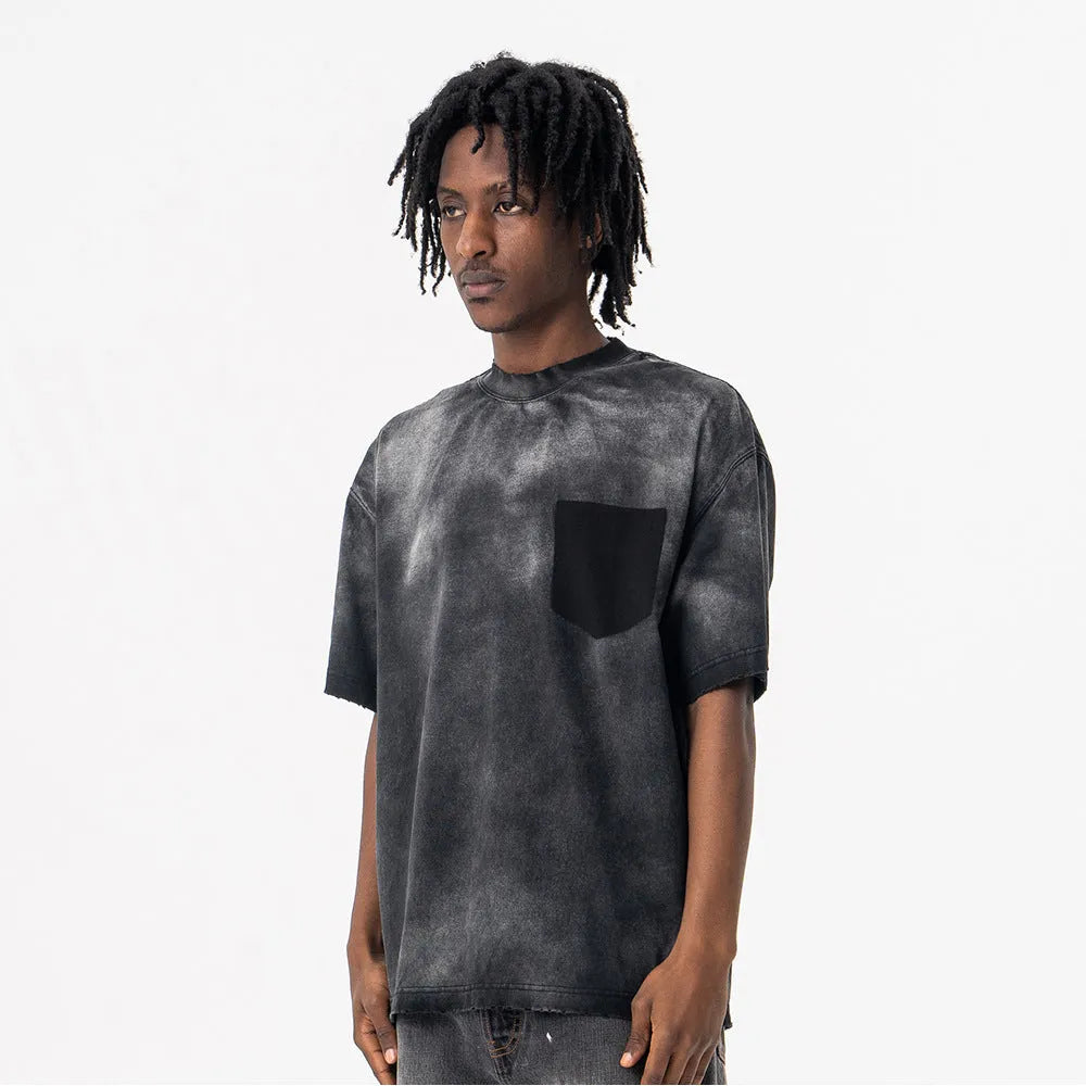 Black men's loose cotton t-shirt with a white letter print and drop-shoulder short sleeves.