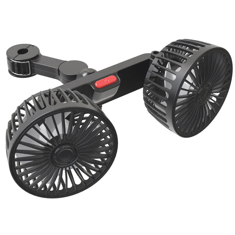 Black car rear electric fan with USB connection and adjustable head for vehicle cooling