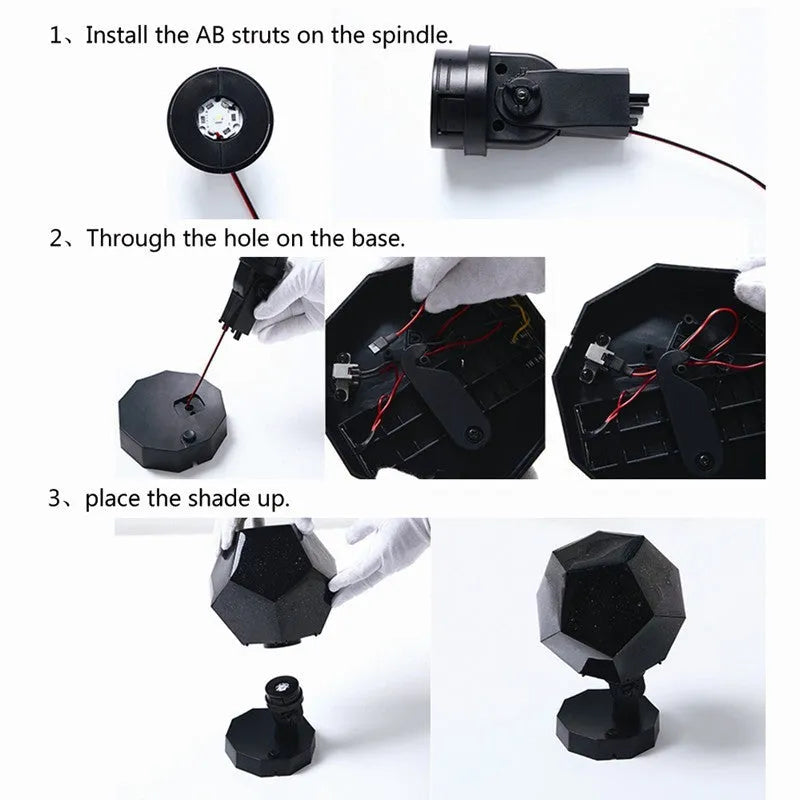 LED starry sky projector night light showing constellation projection on a bedroom ceiling.