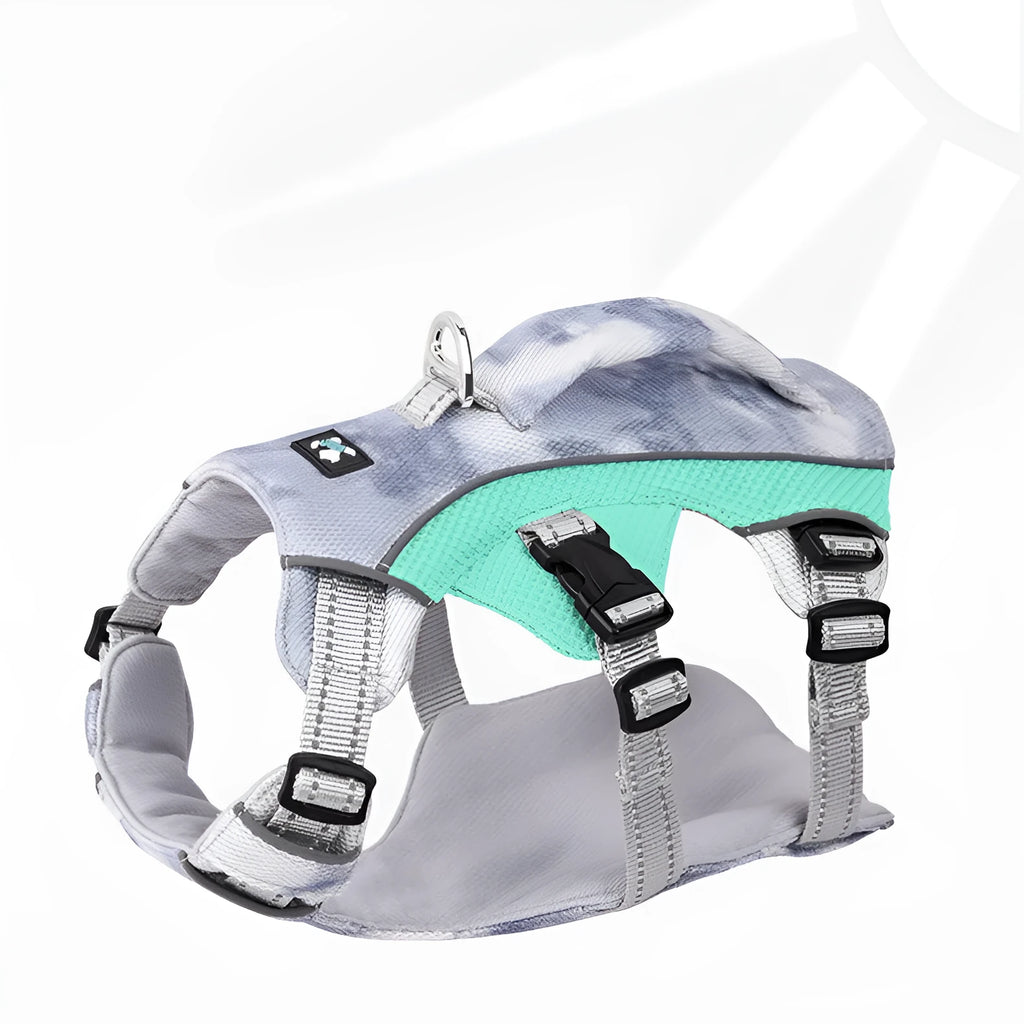 Reflective pet cooling vest chest strap in light blue, pink, dark blue, and orange colour options.