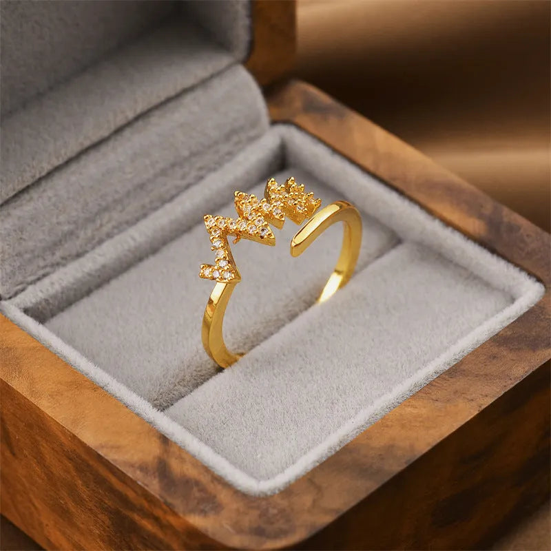 Gold geometric open fashion ring made from electroplated copper, shown in a Korean-inspired style.
