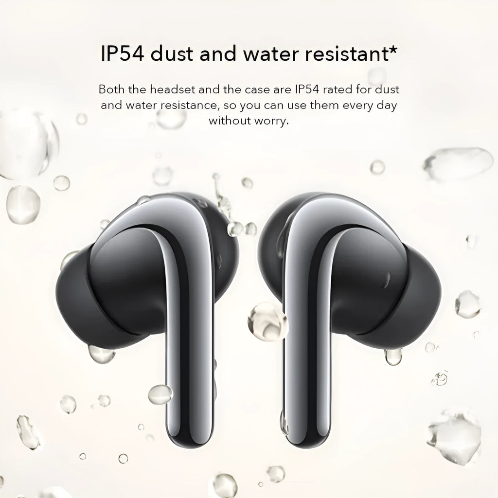 Black true wireless Bluetooth headset with active noise reduction and charging case