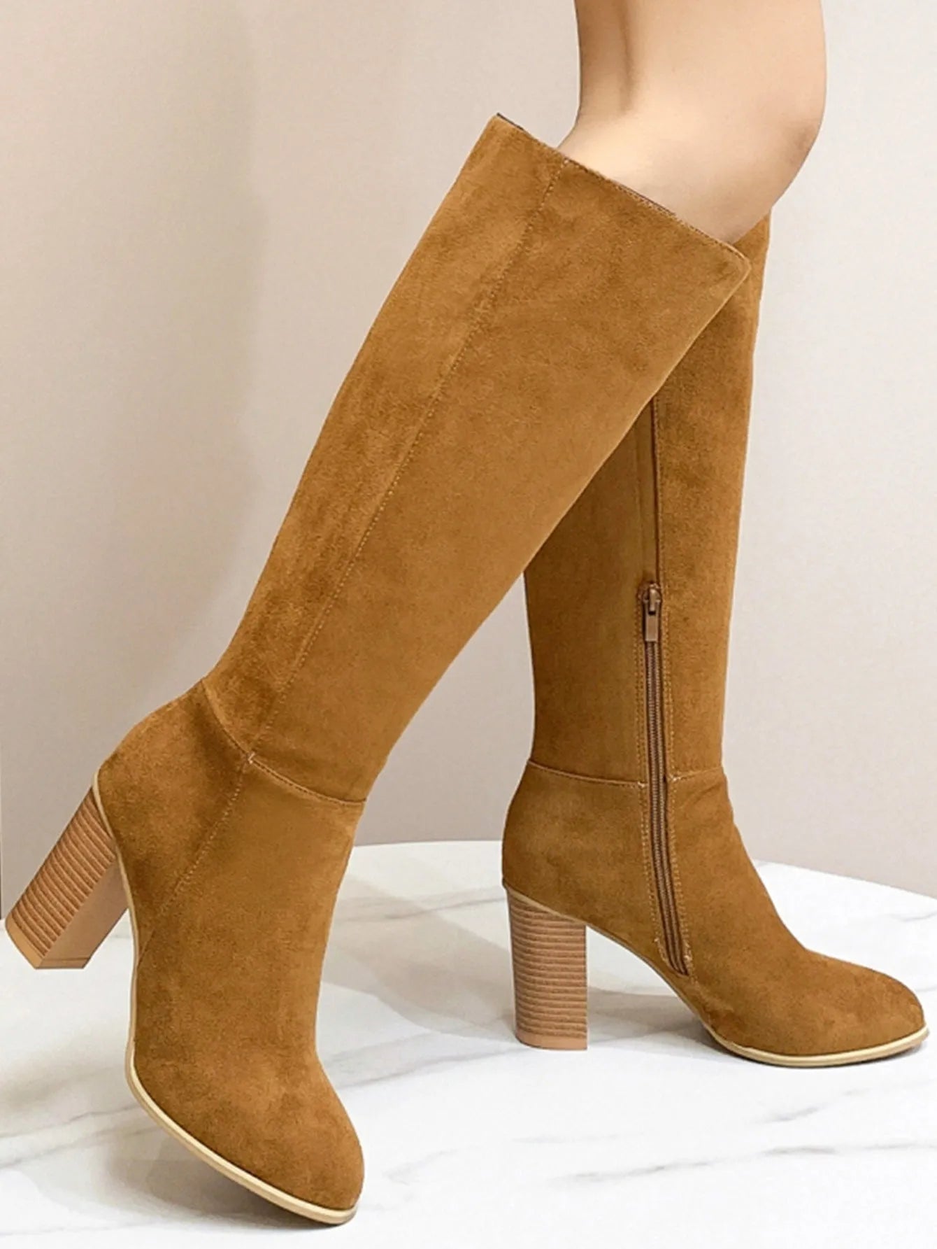 Women's square toe high heel fashion boots in black and dark brown artificial PU available in sizes 36 to 42