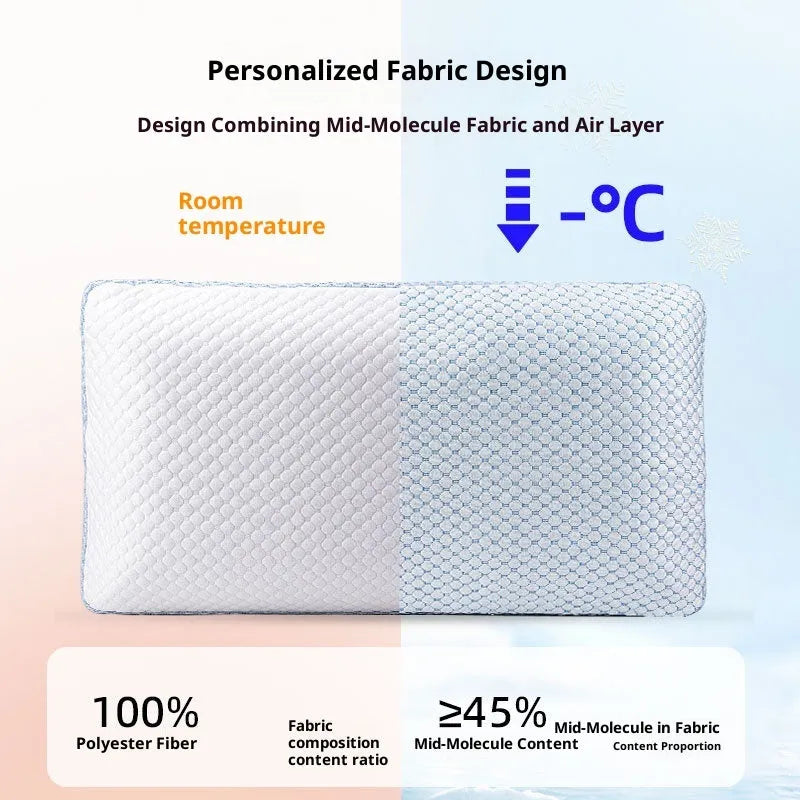 Household cervical memory foam pillow in white and blue, 63x36x13.5cm, with contoured neck support shape