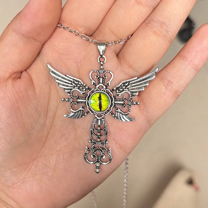 Geometric devil wings cross pendant necklace in alloy with multiple colour options