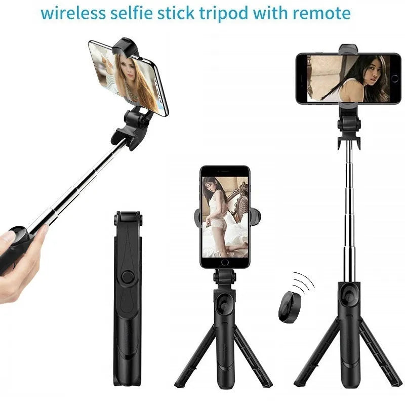 Bluetooth handheld selfie stick in black with extended arm and smartphone holder, remote control support