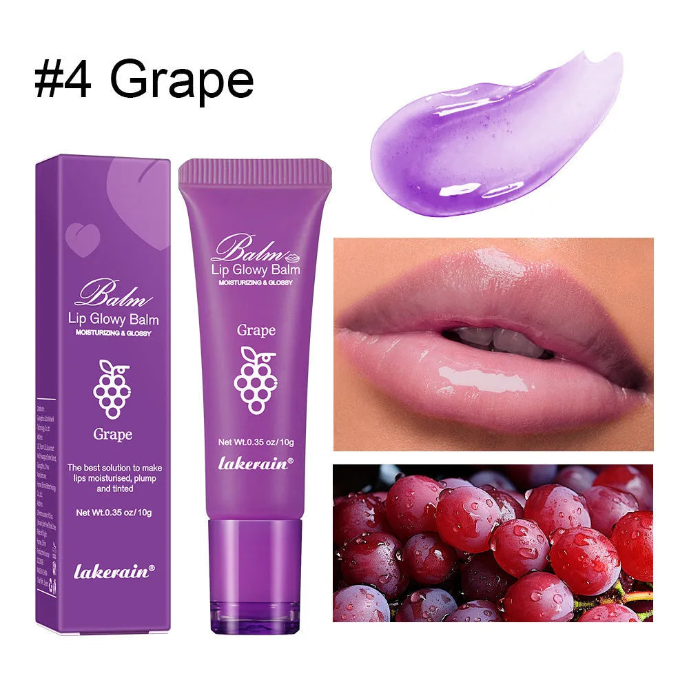 Lip gloss lipstick in natural finish with Berry, Grape, Grapefruit, and Yellow Peach flavour options.