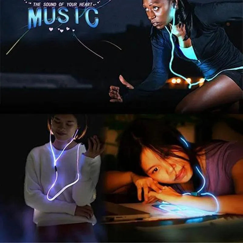 Blue LED light-up earphones with aluminium alloy shells and remote control microphone on cable