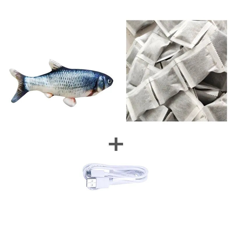 Multicolor USB rechargeable electric jumping fish cat toy measuring 30cm long