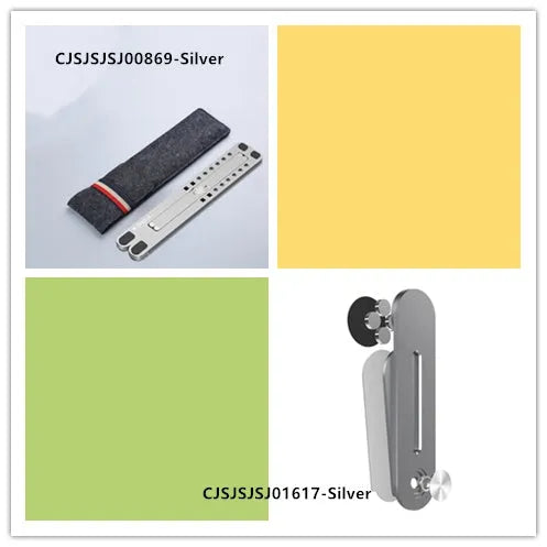 Foldable aluminum laptop stand in silver colour, shown both open in use and folded flat.