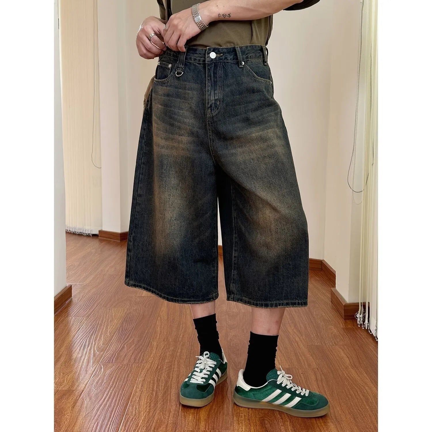 Men's loose straight cut jeans shorts in true ran denim fabric for summer wear