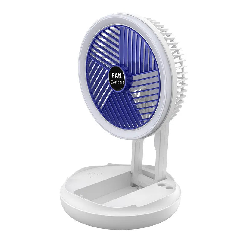 Blue or grey foldable USB fan with LED light showing desk and wall mounting options