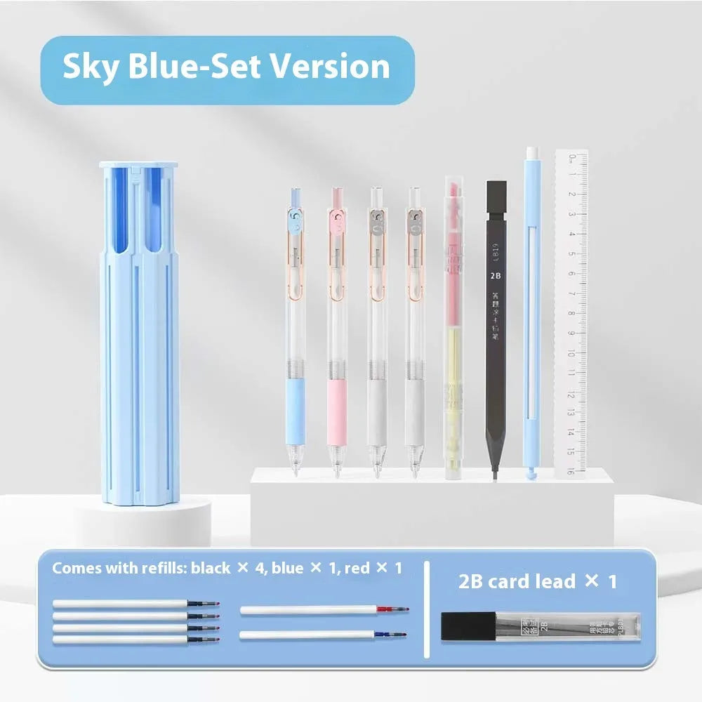 Six pen pencil case set with pressing pen in plastic construction available in Sky Blue, Vigorous White and Girl Pink colours