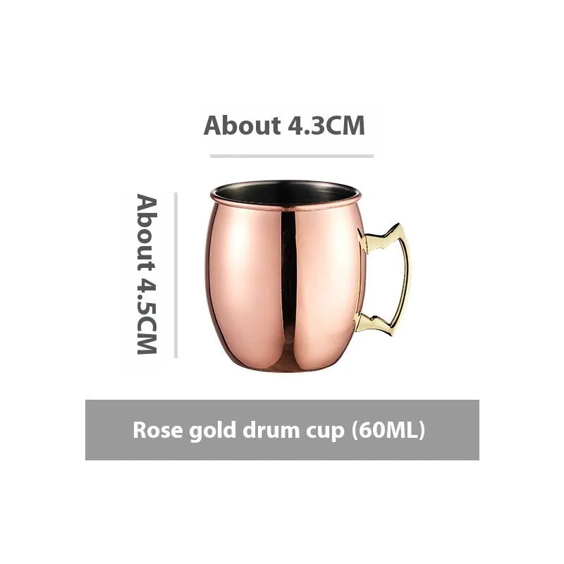 Stainless steel Moscow Mule cup with copper-plated finish in hammered and plain styles.