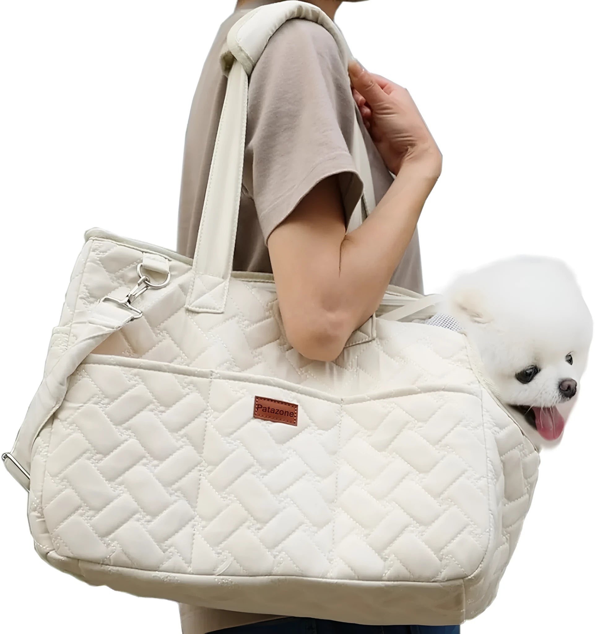 Grey handbag-style pet carrier with mesh panels and a soft cushion inside for a small dog.