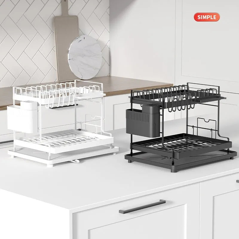 Double-layer kitchen storage rack with removable components in black or white finish