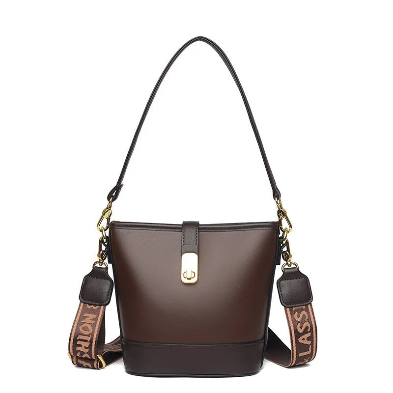 Korean style black bucket messenger bag with adjustable straps and multiple internal compartments