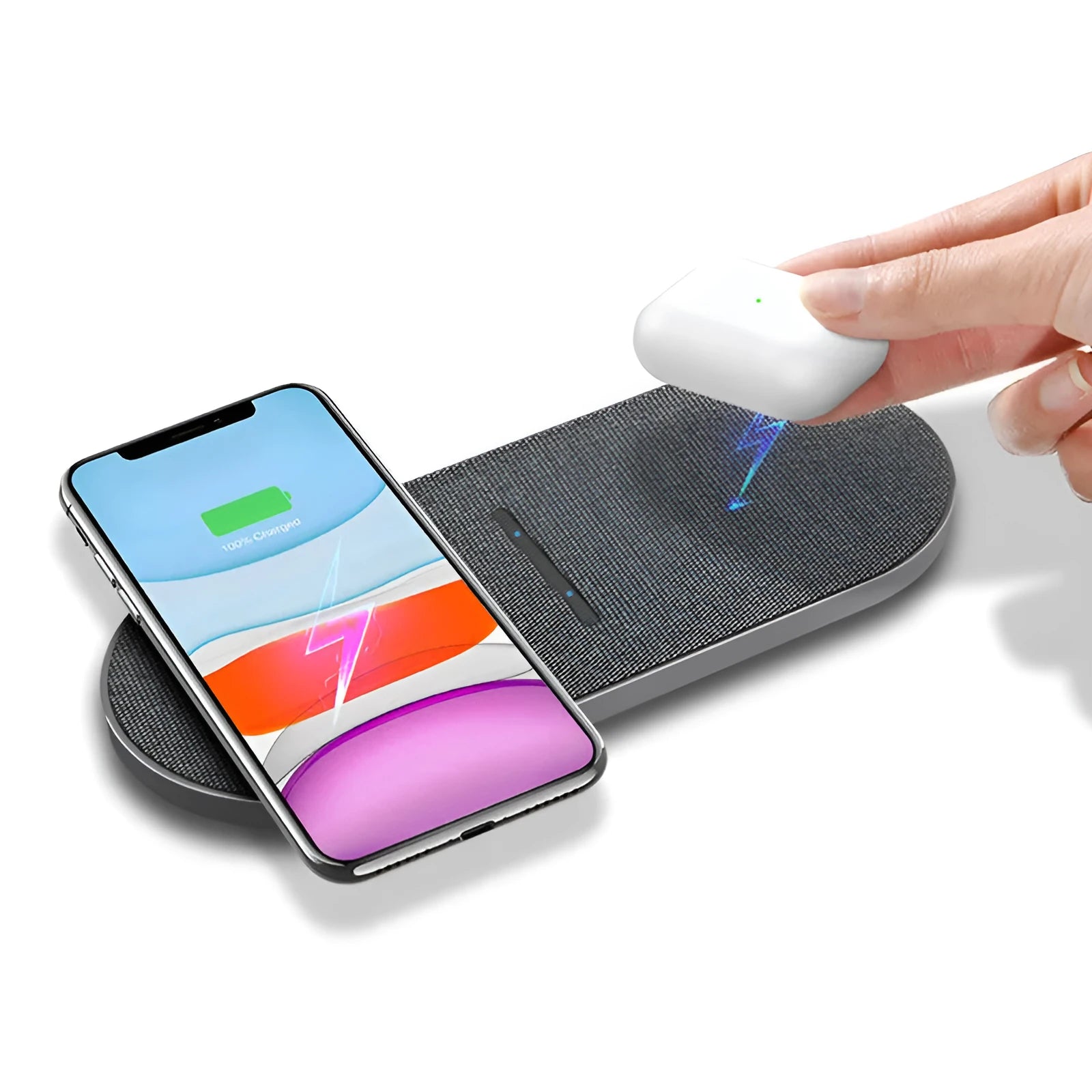 Black dual-pad 10W wireless fast charger for mobile phones with LED lights.