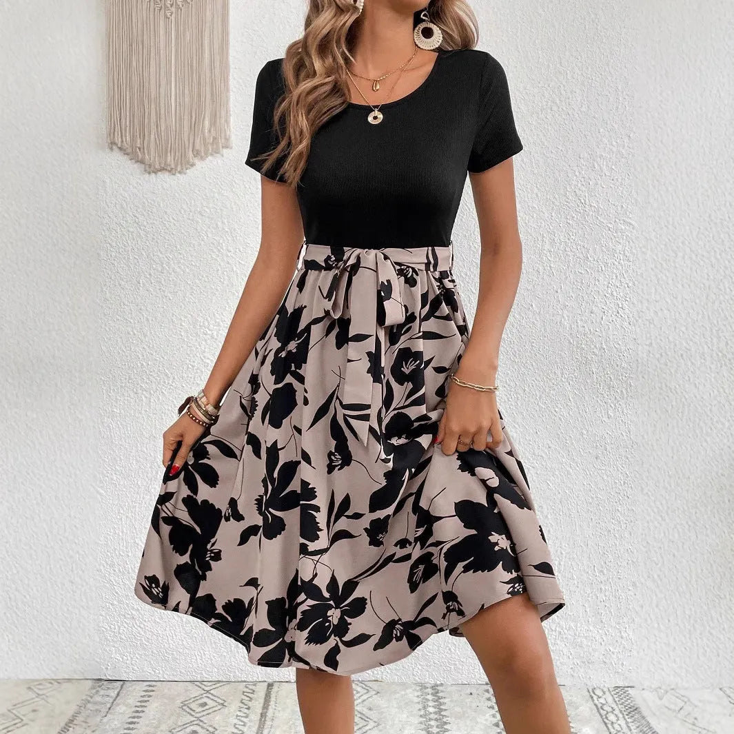 Women's khaki A-line dress with lace-up front detail and plant pattern printing