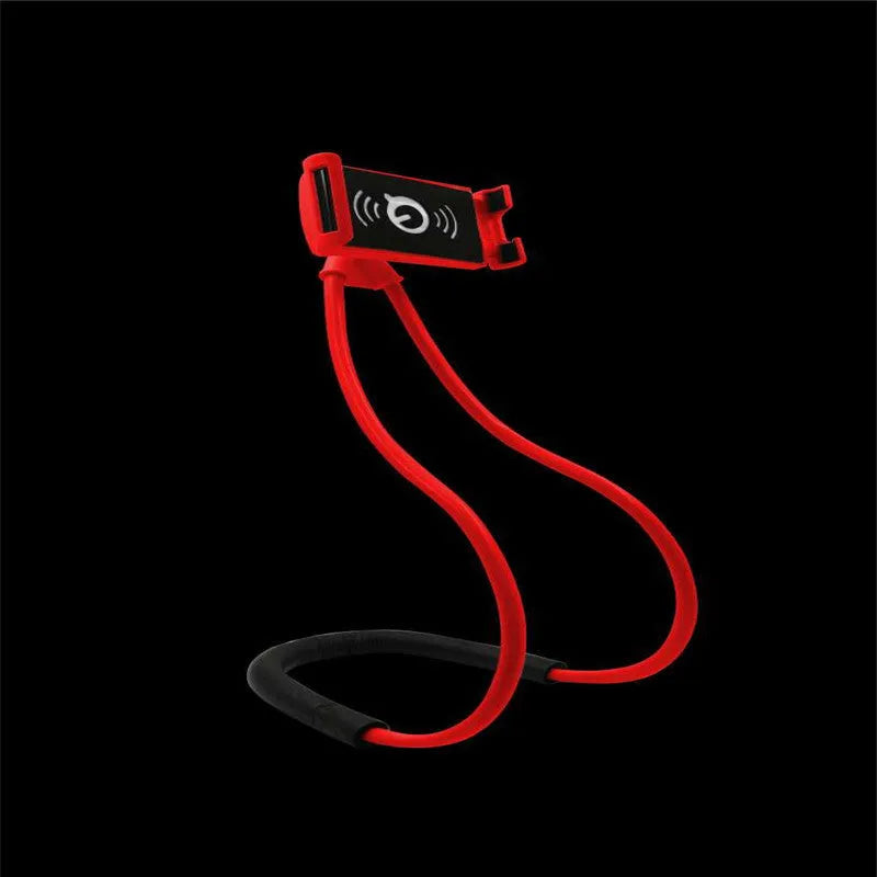 Universal white plastic phone neck holder with shock foam, showing 360-degree rotation and phone clamp.