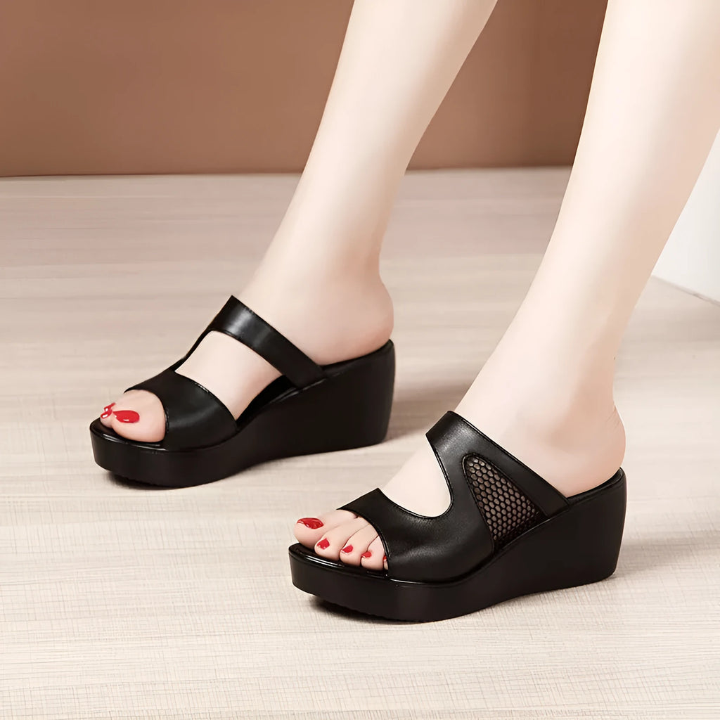 Black thick bottom platform mesh wedge sandals with 6cm heel and waterproof waxing leather upper