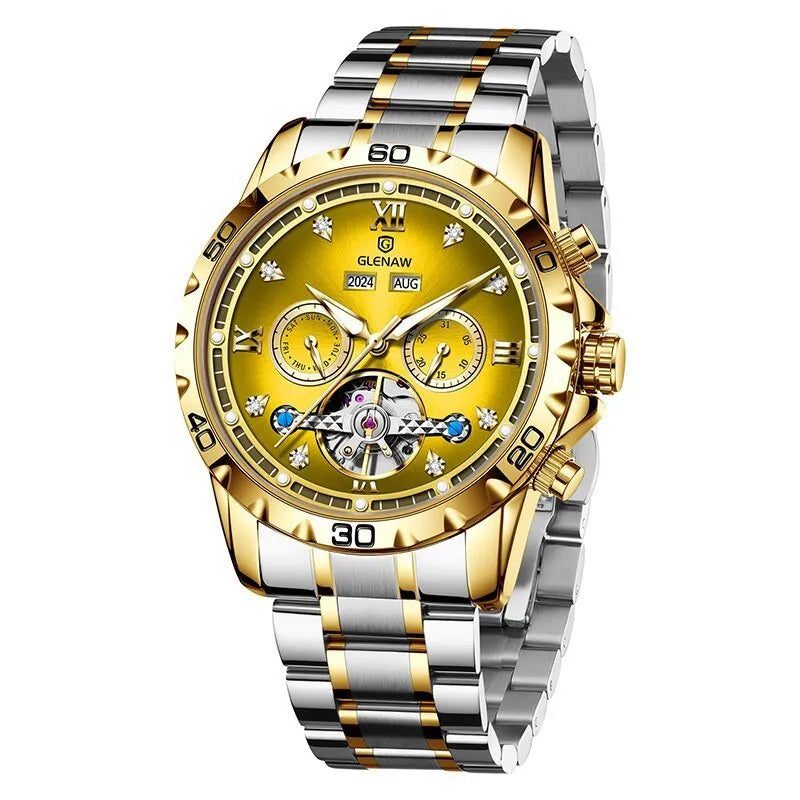 Men's automatic mechanical watch with stainless steel band and mineral glass crystal in silver case blue surface