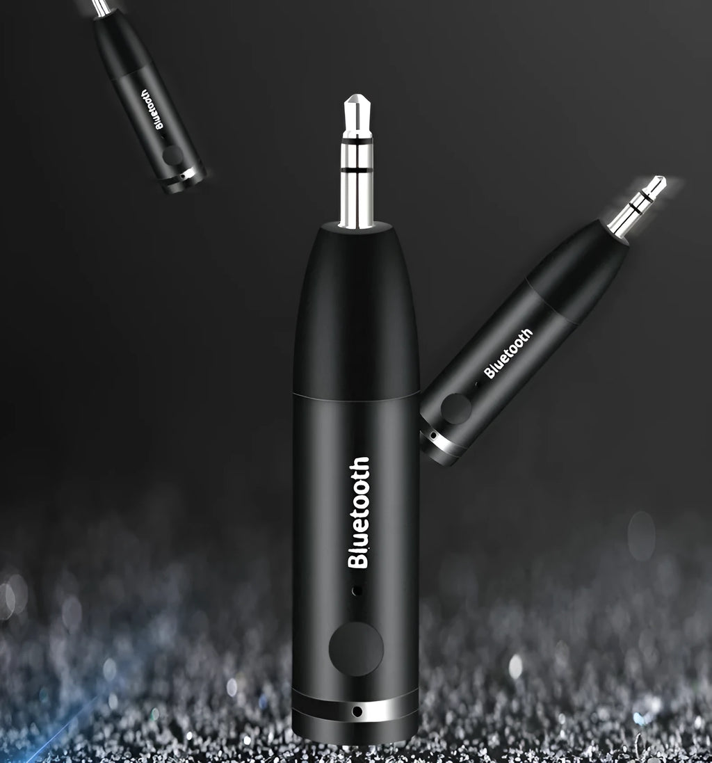 Black Bluetooth audio receiver with 3.5mm AUX connector for car and home stereo systems