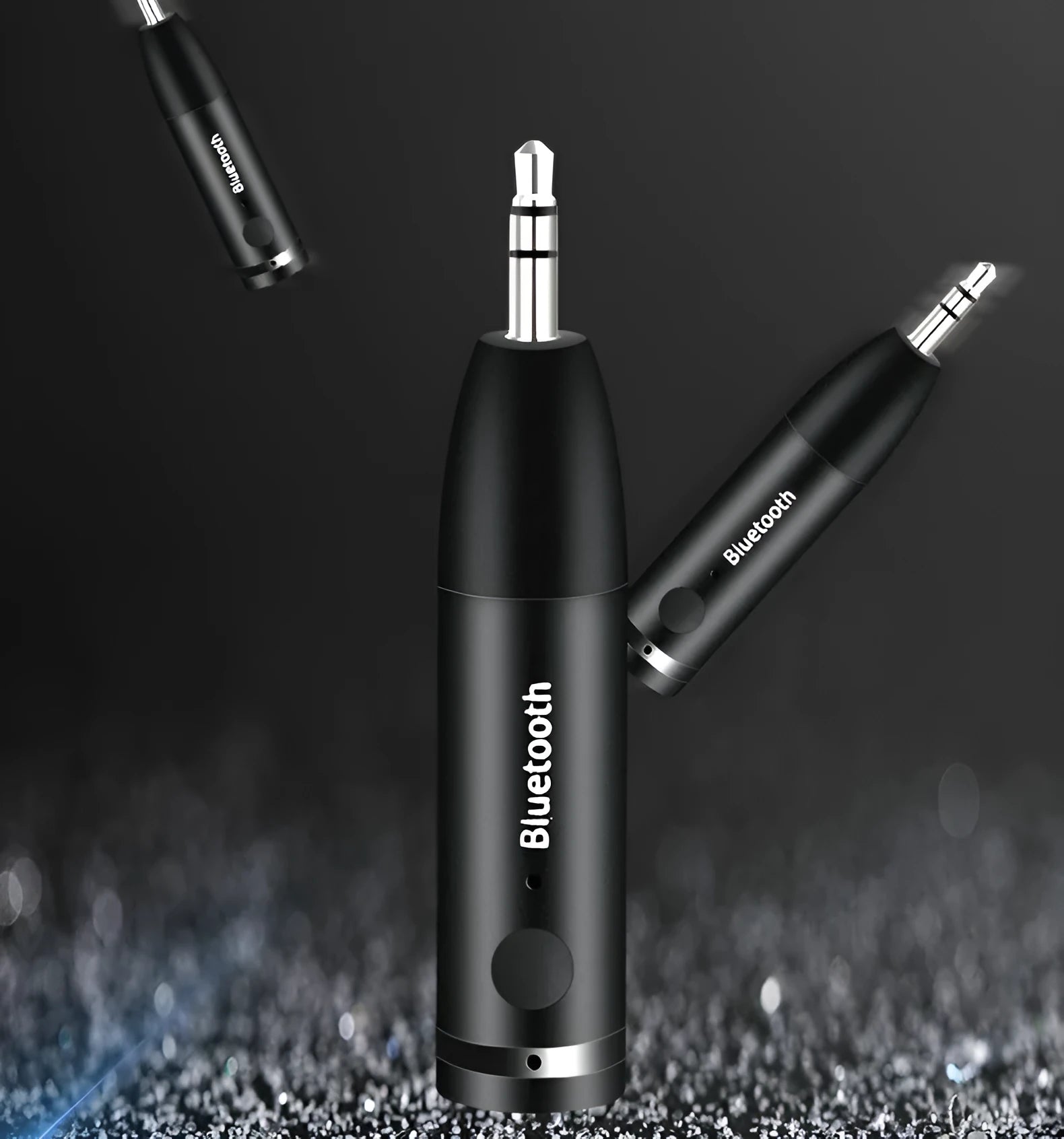 Black Bluetooth audio receiver with 3.5mm AUX connector for car and home stereo systems