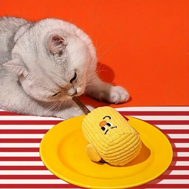 Natural corn cob cat chew toy, a light brown molar stick measuring 7cm by 6cm by 15cm.