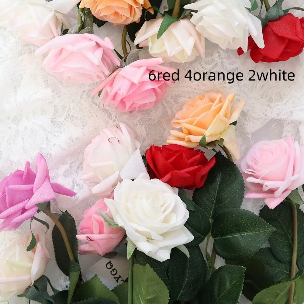 Silk fabric artificial rose bouquet in assorted colours with realistic petals, approximately 42cm long