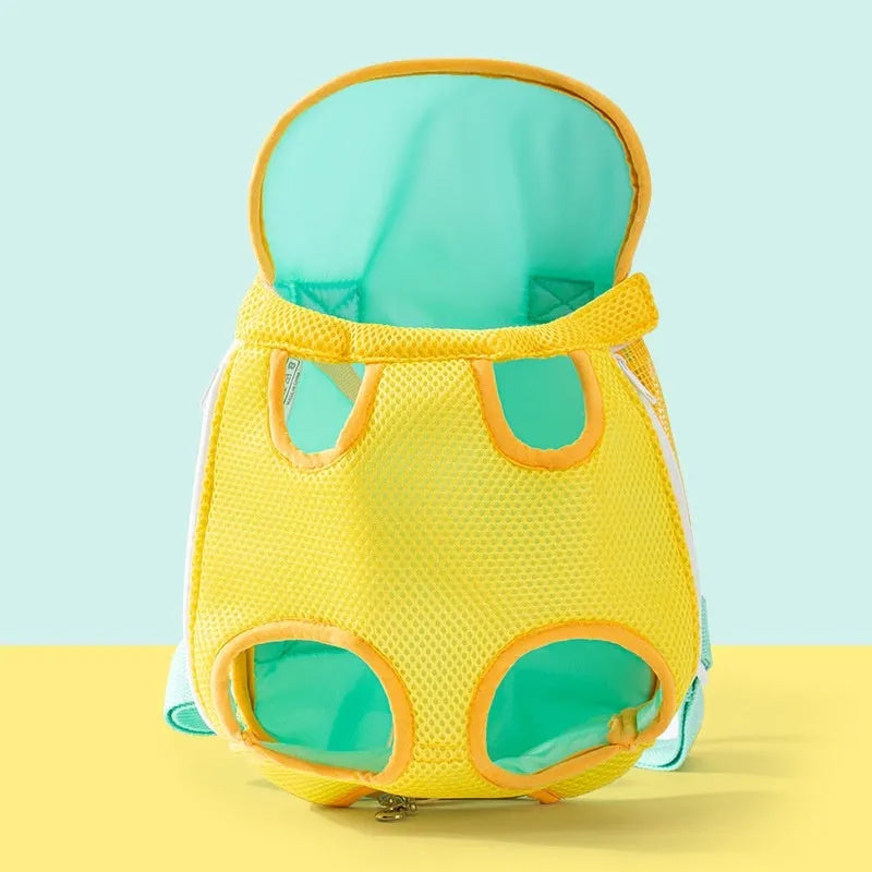 Soft canvas cat carrier bag with a yellow bear cartoon pattern and colourful stitching, shown in multiple size options.