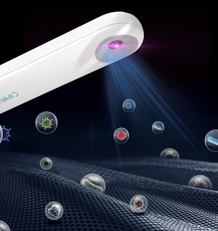 Compact white portable UV sterilizer lamp showing 116mm length and slim profile