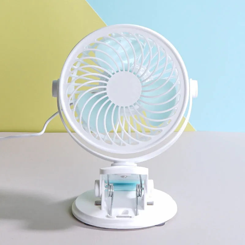 USB-powered portable desk fan with clip mount option and 3 blades for quiet personal cooling