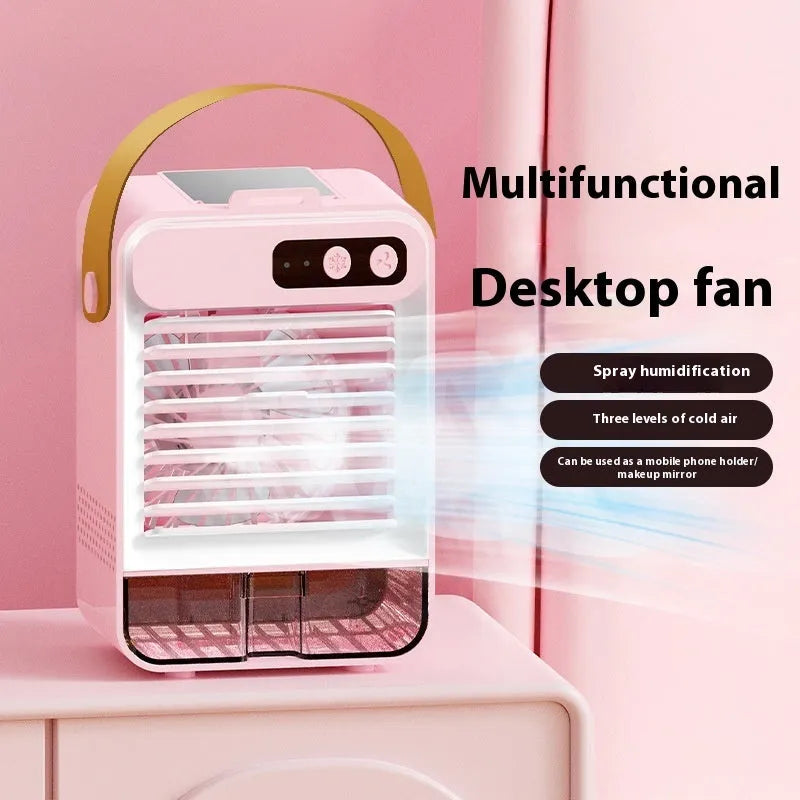 Dark Green compact desktop fan with USB port and control buttons, shown on a wooden desk.