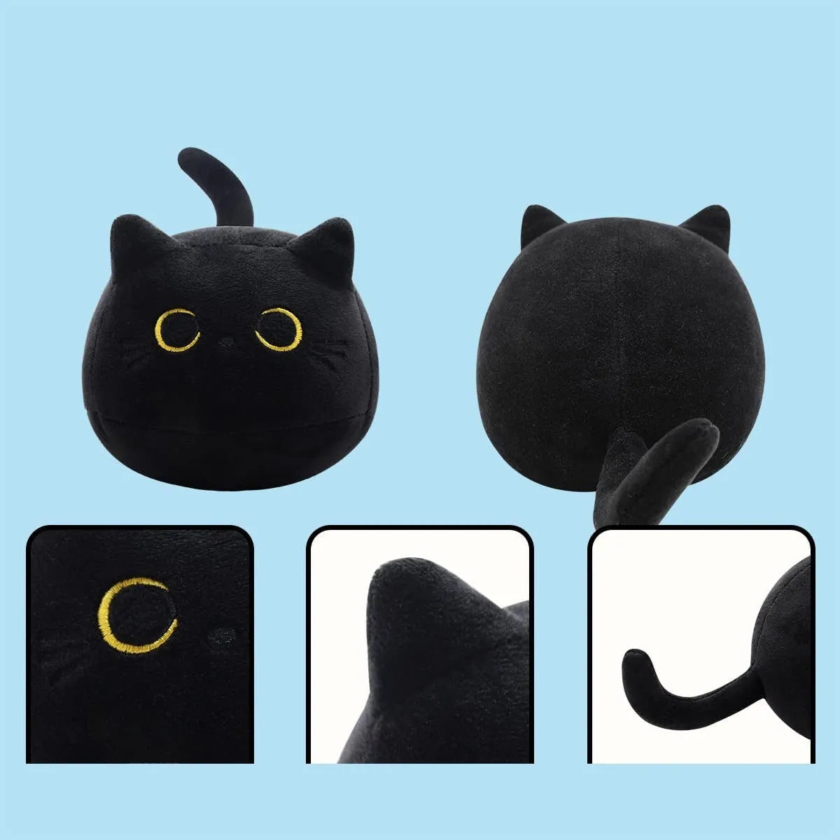 Black fluffy cat plush toy with printed face, sitting upright as a soft cushion.