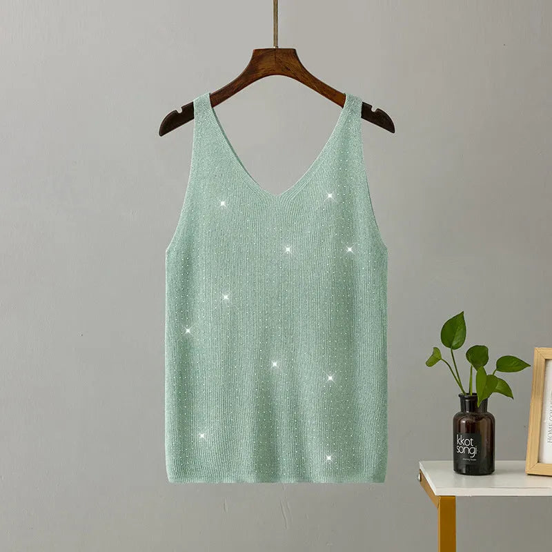 Ice silk knitted bright thread diamond-encrusted V-neck camisole in slim fit, shown in multiple colours including black, white, pink, and khaki