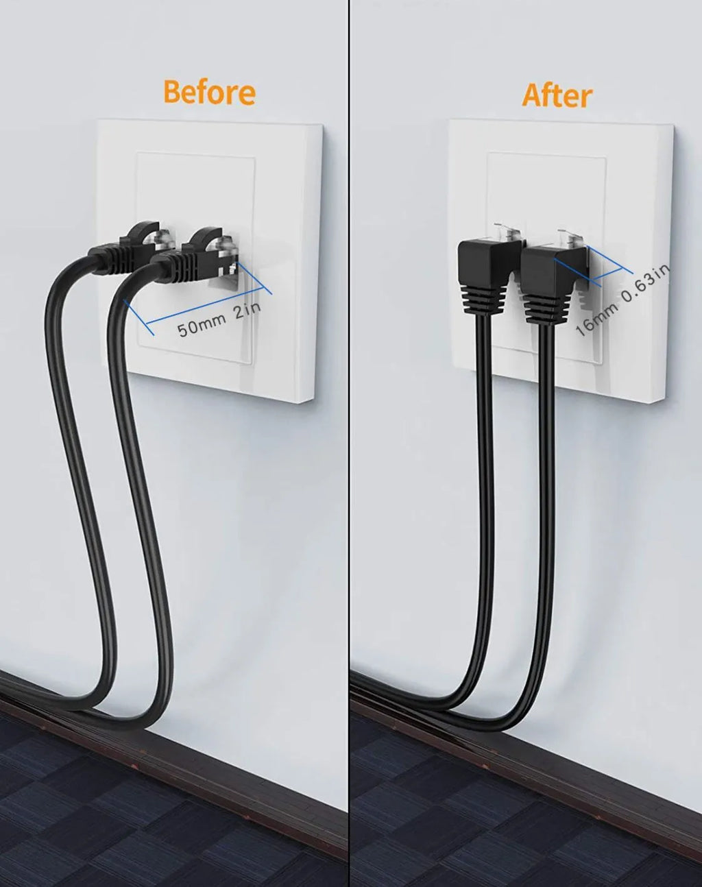 Cat6 Ethernet cable with angled RJ45 connectors in various colours and lengths on a grey background