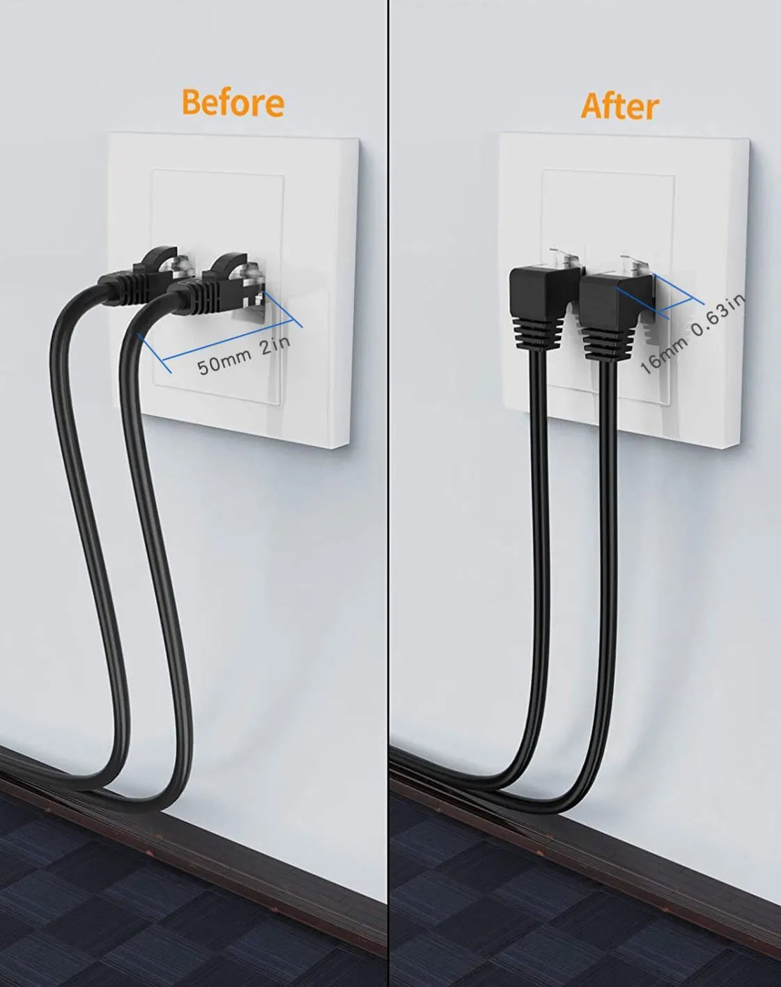 Cat6 Ethernet cable with angled RJ45 connectors in various colours and lengths on a grey background