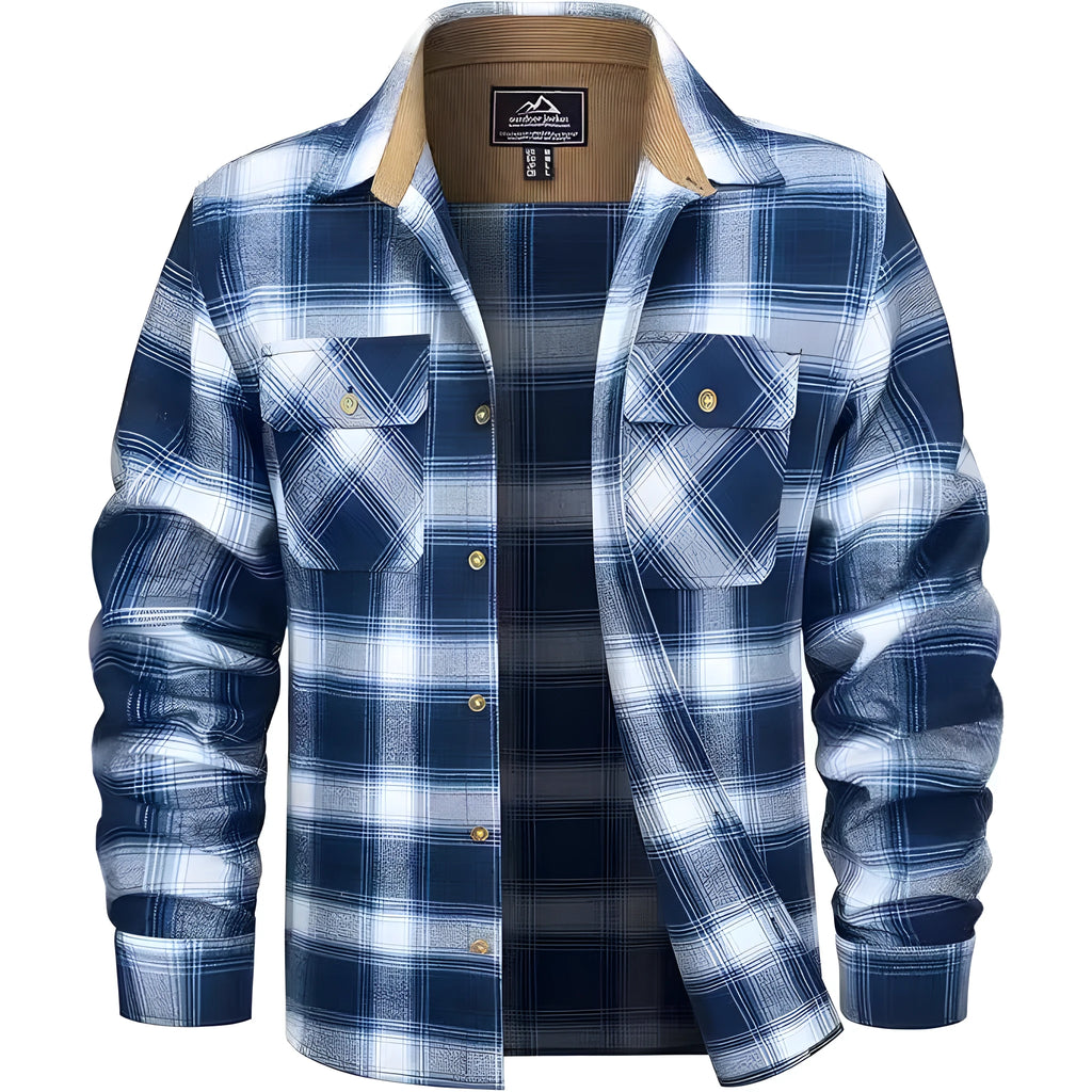 Man wearing a long-sleeved plaid flannel shirt in a cardigan style with a button-up front.