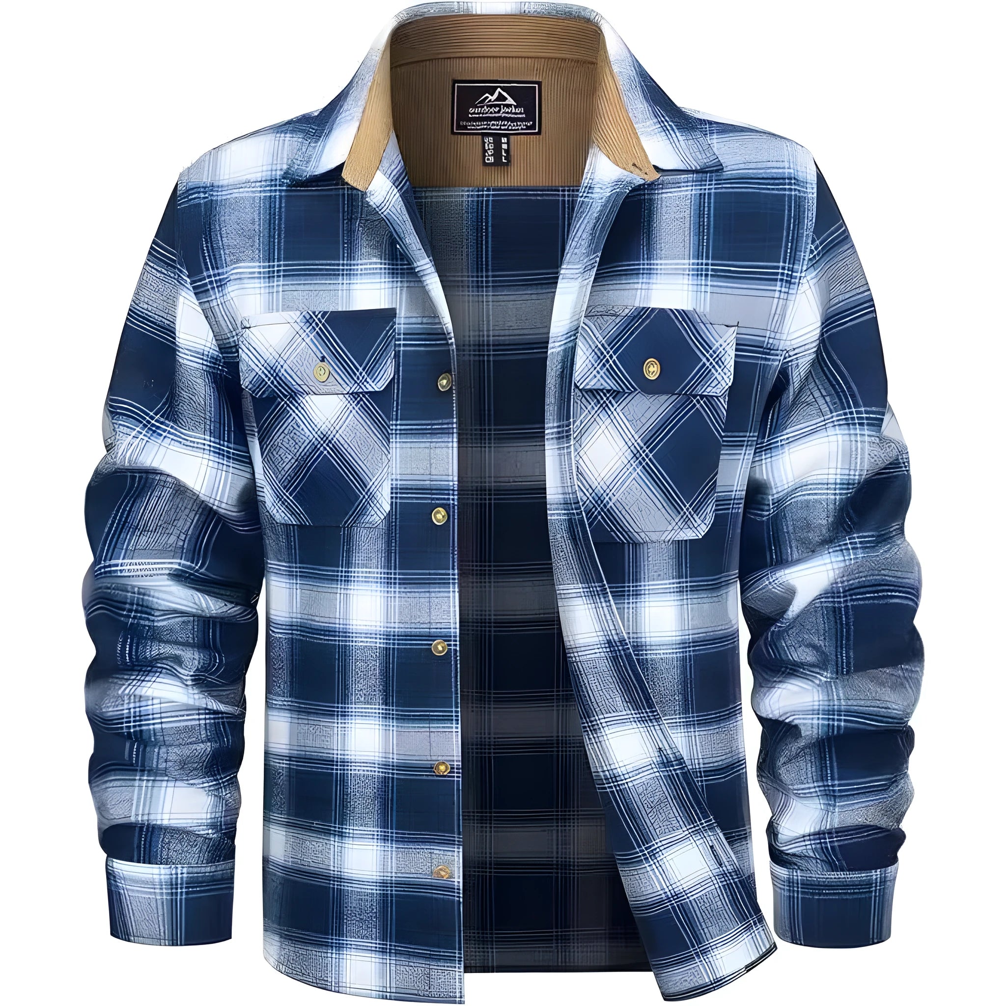 Man wearing a long-sleeved plaid flannel shirt in a cardigan style with a button-up front.