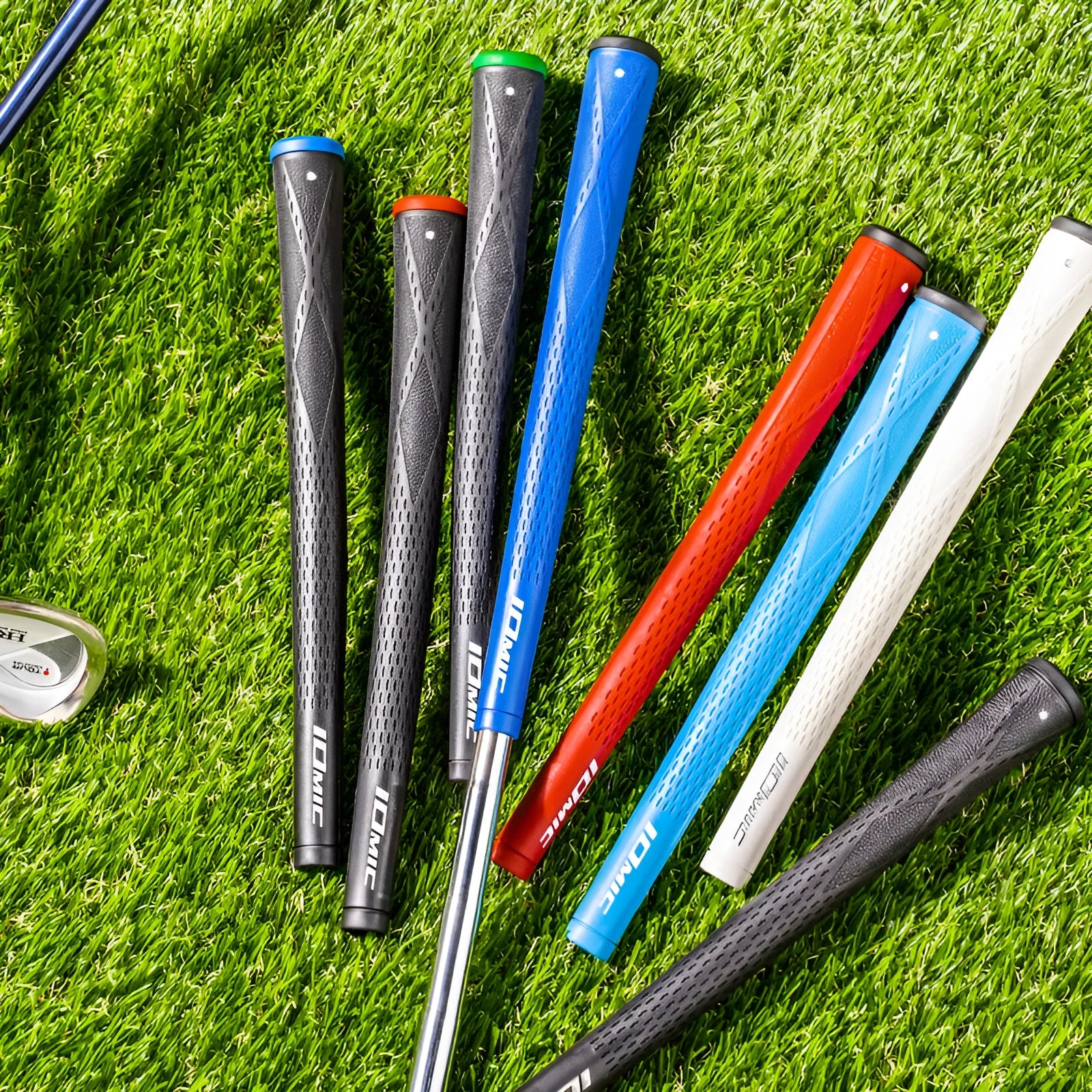 TPE/TPR golf club grip shown in various colour options including pink, red, blue, white, and black.