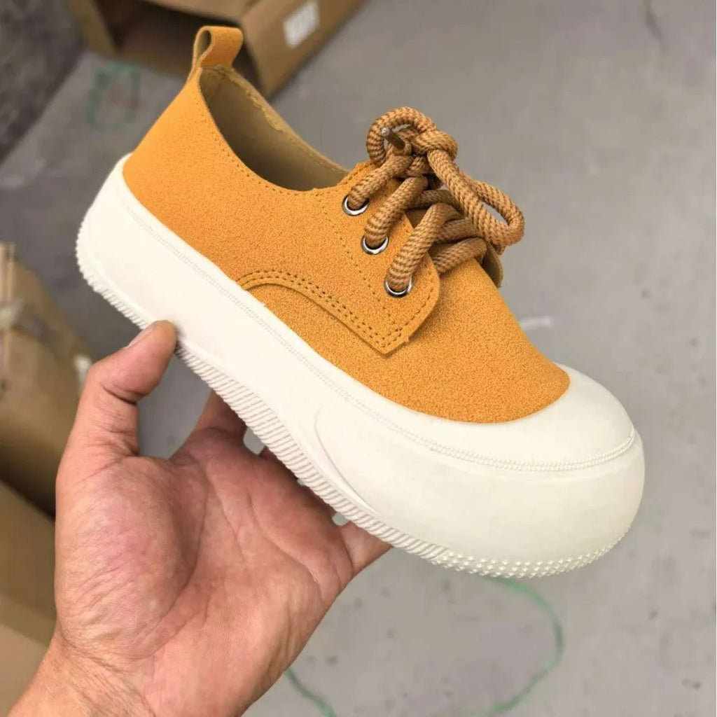 Women's camel suede platform loafers with 4cm heel, round toe, and front lace-up on a rubber sole.