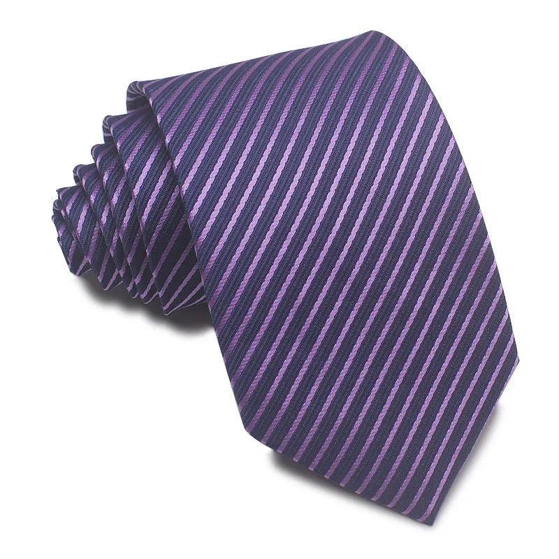 Man's red, black, and blue striped jacquard business tie with an 8cm width.
