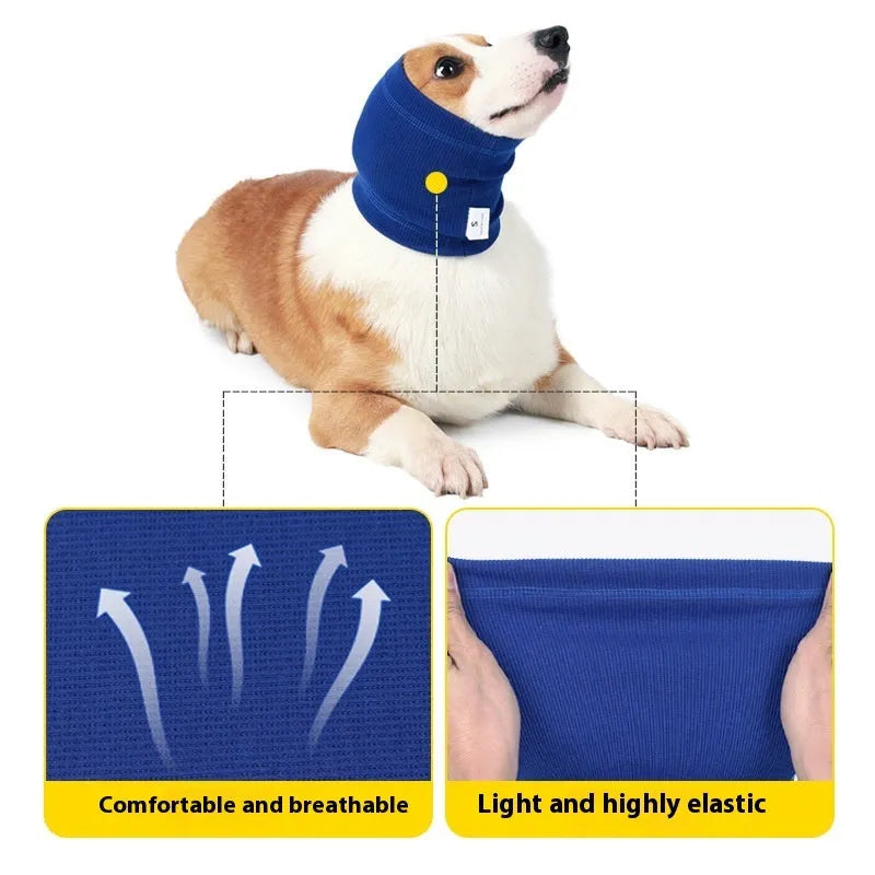 Blue and grey polyester dog head cover in three sizes for canine head protection