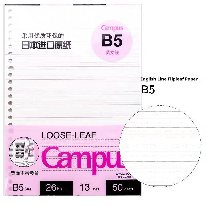 Loose-leaf spiral notebook with PP cover open, showing raw wood pulp pages in A5 or B5 size.