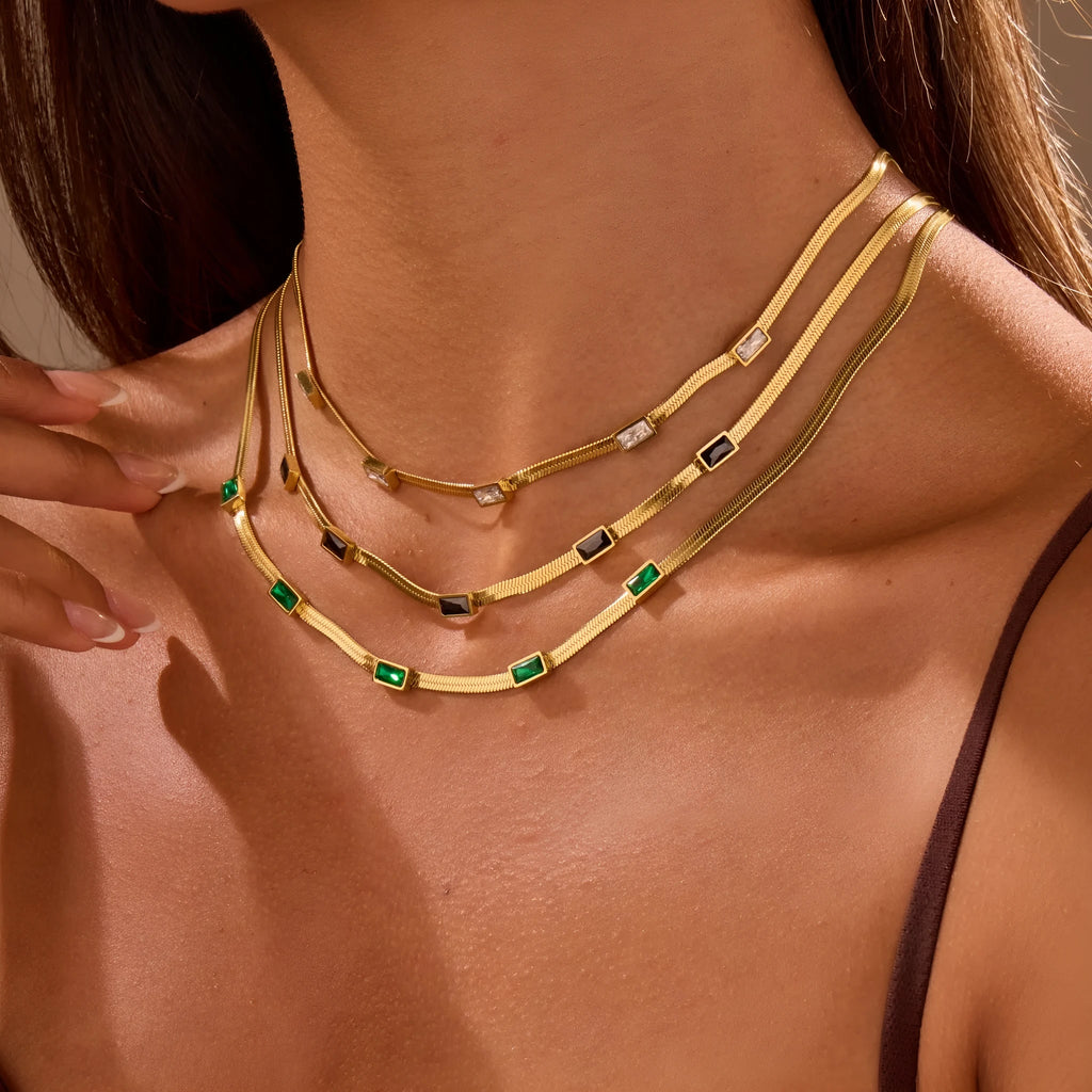 Geometric square zircon necklace on stainless steel chain with 18K gold plating